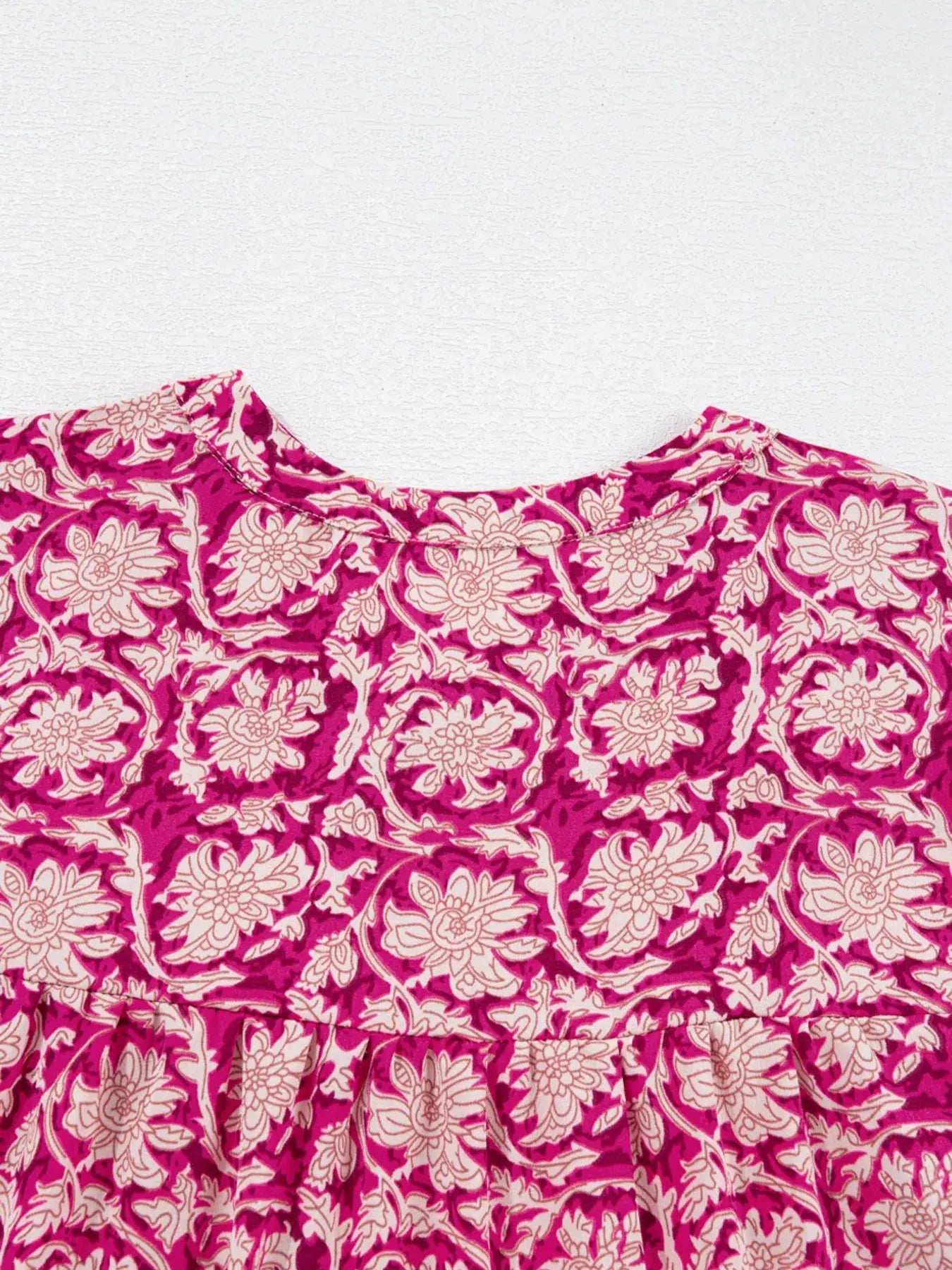 Floral Print Split Neck Pleated Long Sleeve Blouse  Style Ratio