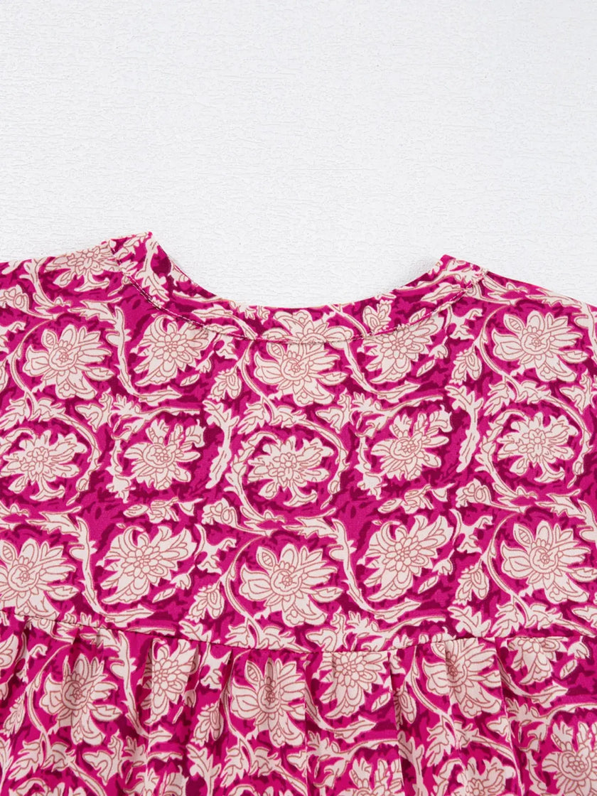 Floral Print Split Neck Pleated Long Sleeve Blouse  Style Ratio