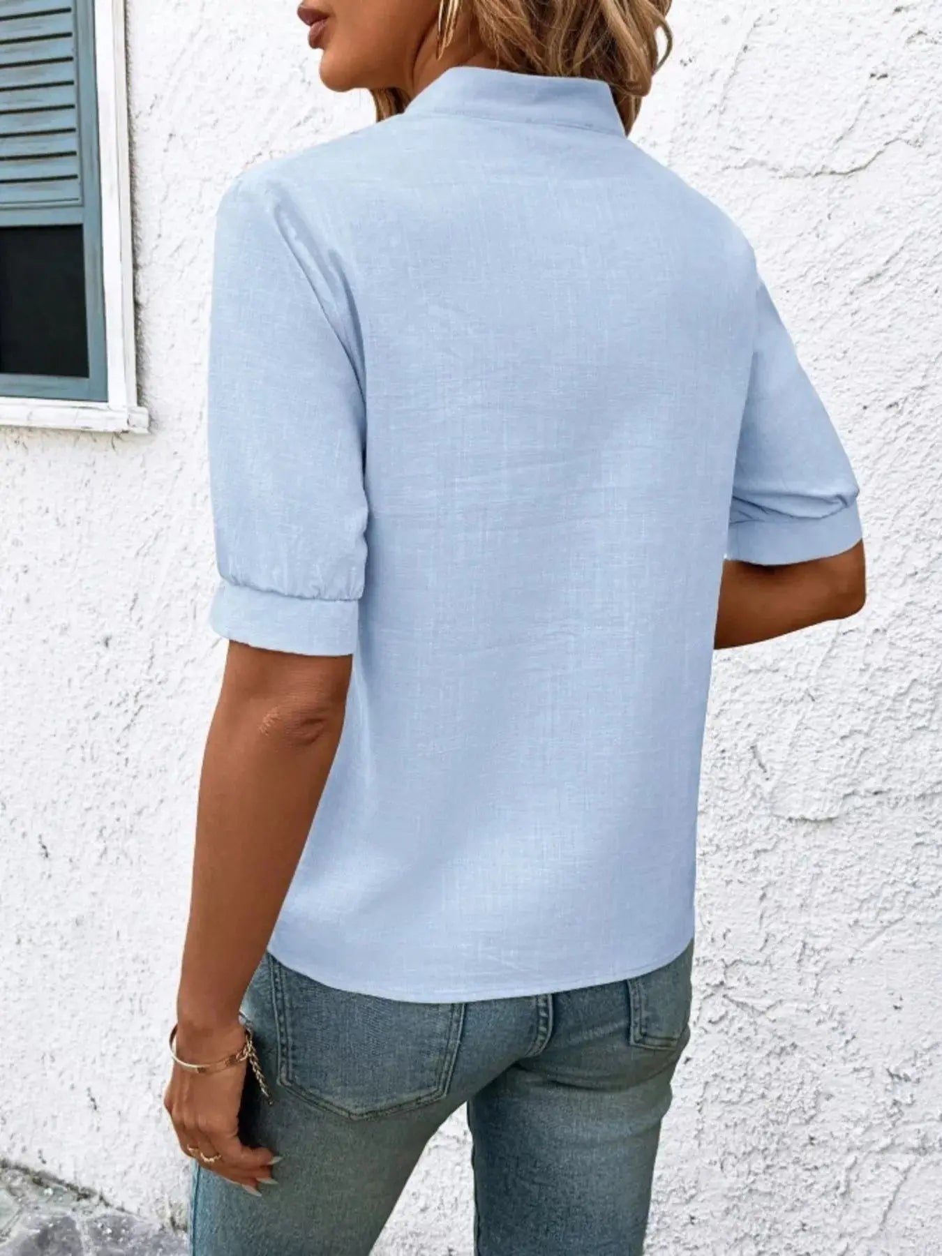 Embroidered Notched Short Sleeve Blouse  Style Ratio