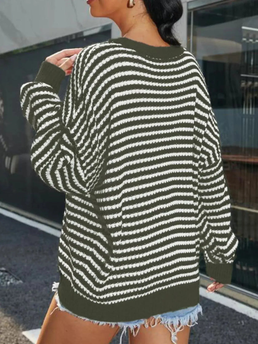 Striped Round Neck Drop Shoulder Sweater  Style Ratio