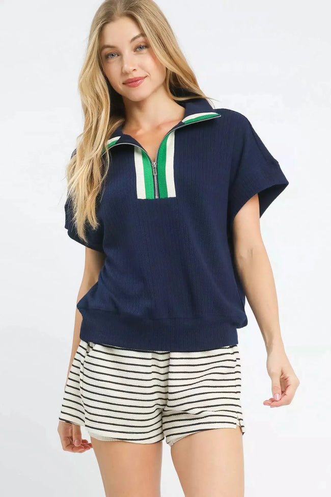Umgee Textured Striped Zip Collar Top  Style Ratio