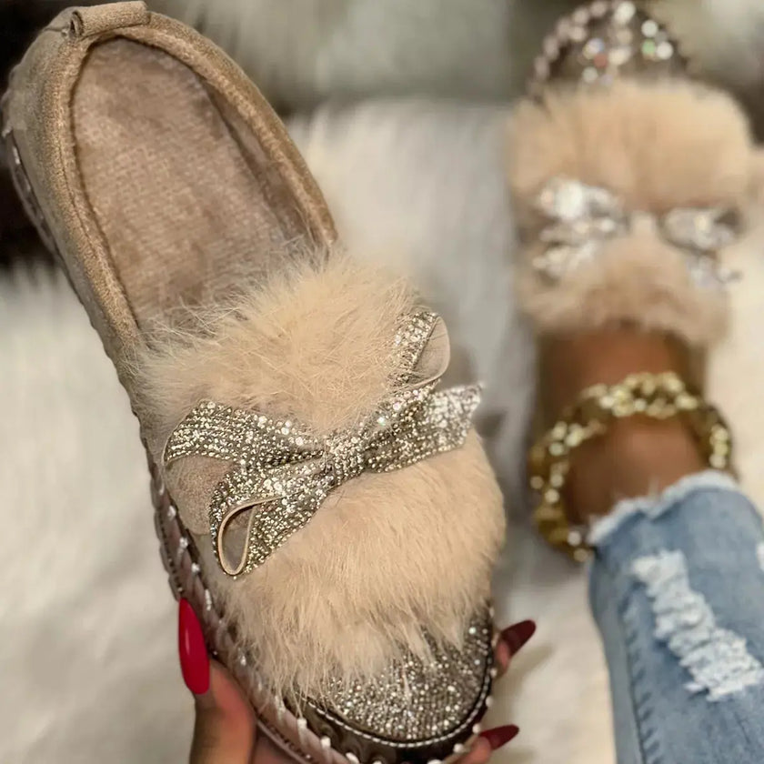 Fuzzy Bowknot Rhinestone Platform Loafers  Style Ratio