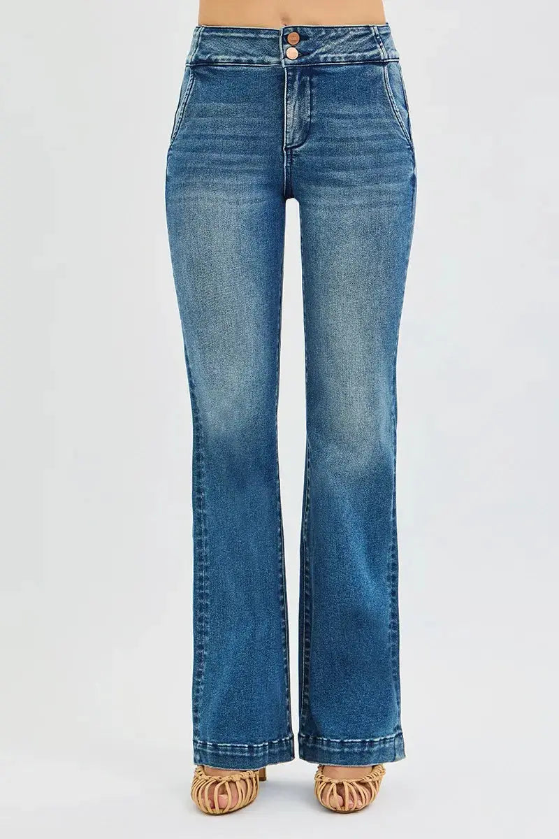 RISEN Full Size Tummy Control High Rise Bootcut Jeans with Double Button Waistband  Style Ratio