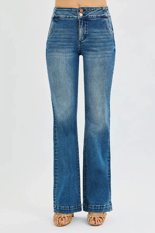 RISEN Full Size Tummy Control High Rise Bootcut Jeans with Double Button Waistband  Style Ratio