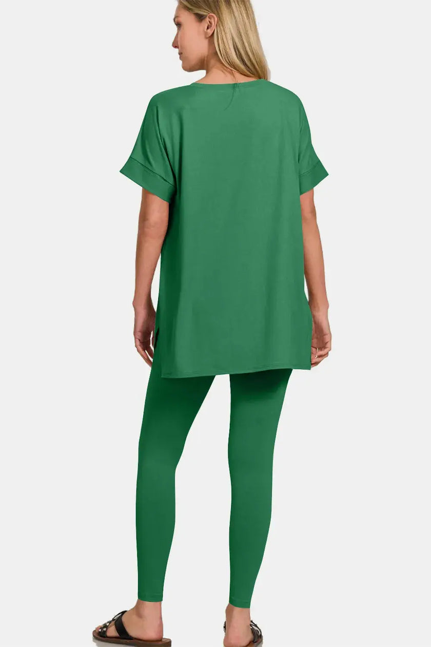 Zenana V-Neck Rolled Short Sleeve T-Shirt and Leggings Lounge Set  Style Ratio