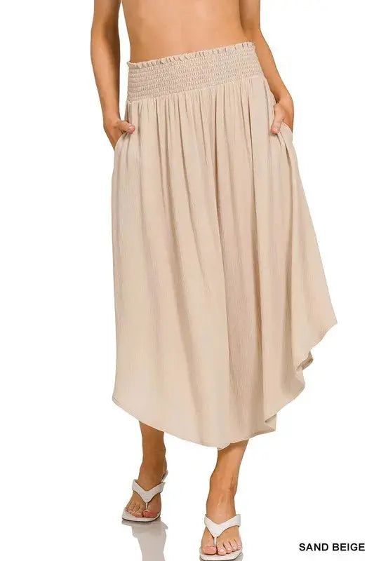 Zenana Woven Crinkle Smocked Waist Maxi Skirt W/ Pockets  Style Ratio