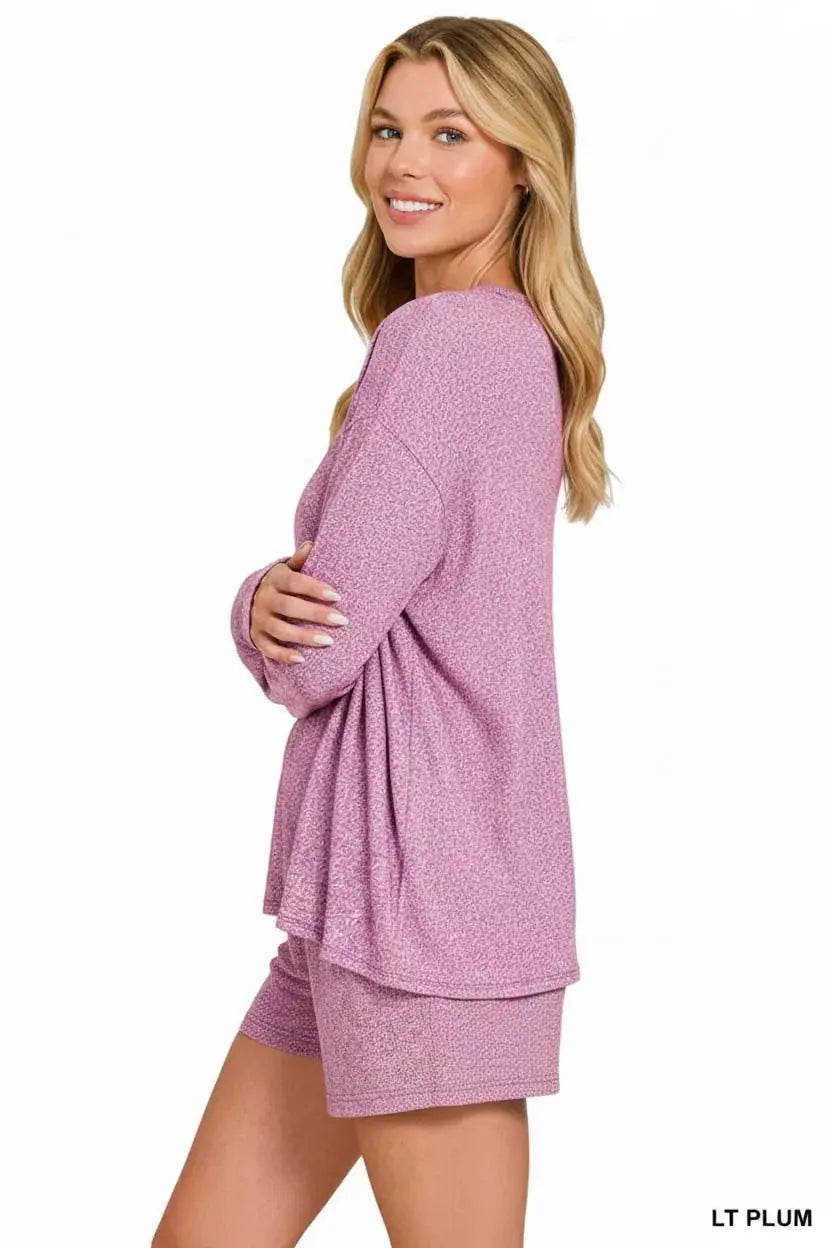 Zenana Soft Melange Long Sleeve Tee and Shorts Loungewear  Style Ratio