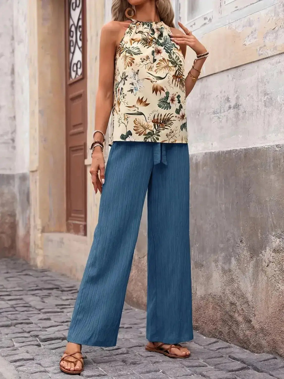 Printed Tank Top and Wide Leg Pants Set  Style Ratio