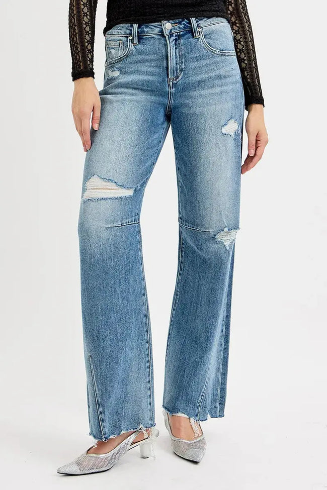 RISEN Full Size Mid Rise Fit Wide Baggy Leg Tie Washed Jeans  Style Ratio