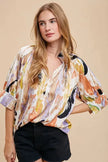 Annie Wear Multi Color Printed V-Neck Open Woven Blouse  Style Ratio