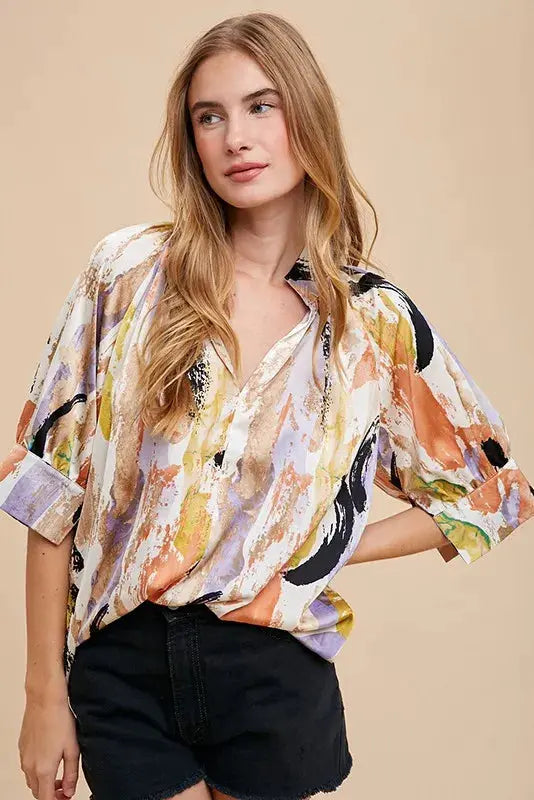 Annie Wear Multi Color Printed V-Neck Open Woven Blouse  Style Ratio