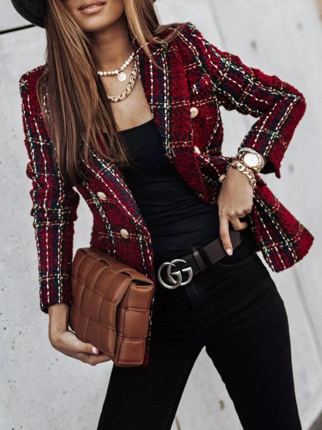 Full Size Plaid Tweed Double-Breasted Blazer  Style Ratio