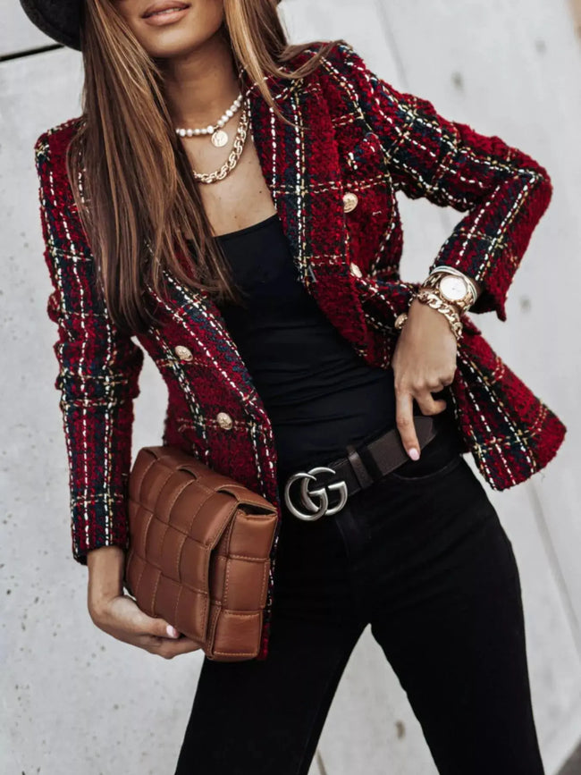 Full Size Plaid Tweed Double-Breasted Blazer Plus Size  Style Ratio