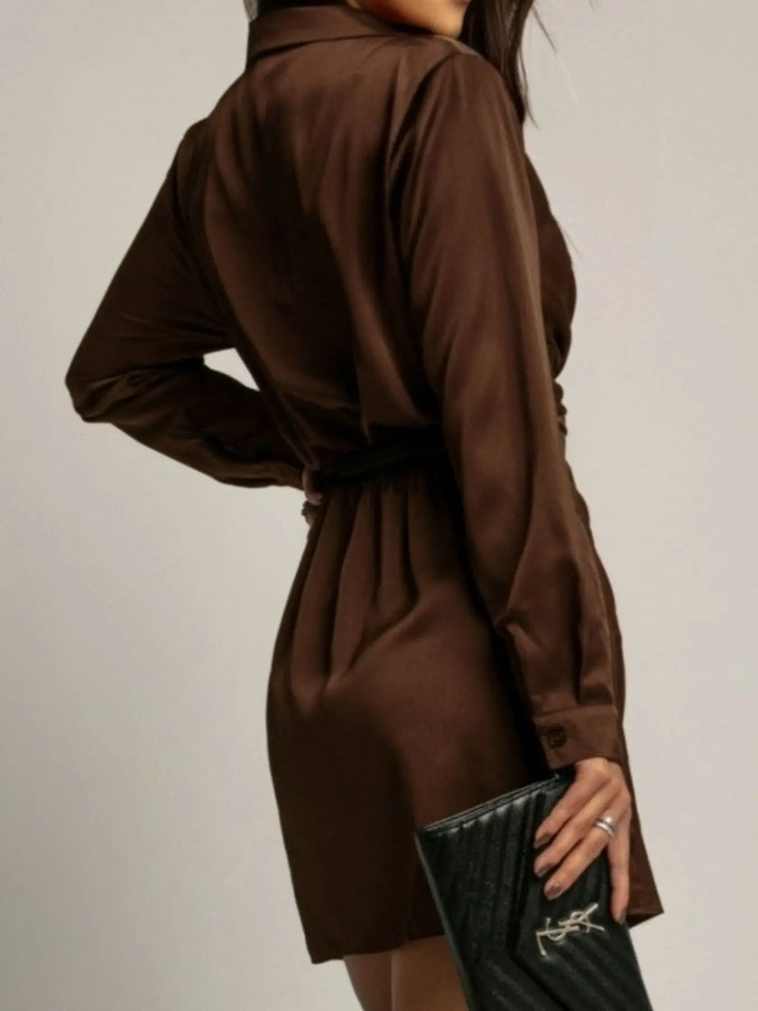 Collared Neck Long Sleeve Satin Dress  Style Ratio