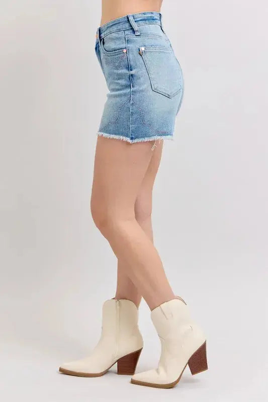 Judy Blue High Waist Western Embroidery Detail Cut Off Denim Shorts  Style Ratio