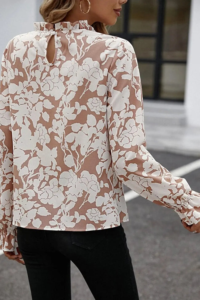 Floral Print Mock Neck Flounce Sleeve Blouse  Style Ratio