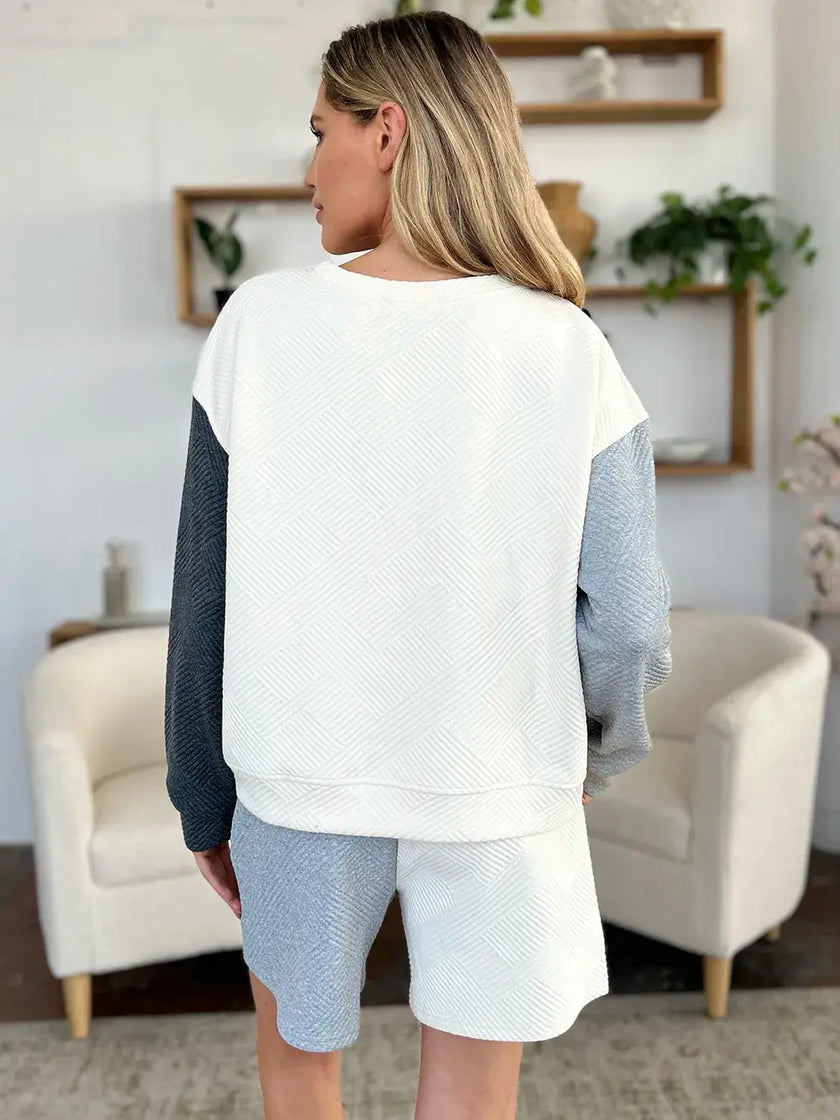 Double Take Full Size Contrast Drop Shoulder Top and Shorts Set  Style Ratio