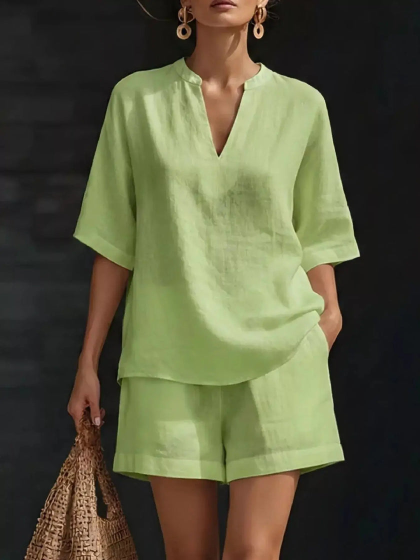 Full Size Notched Half Sleeve Top and Shorts Set  Style Ratio