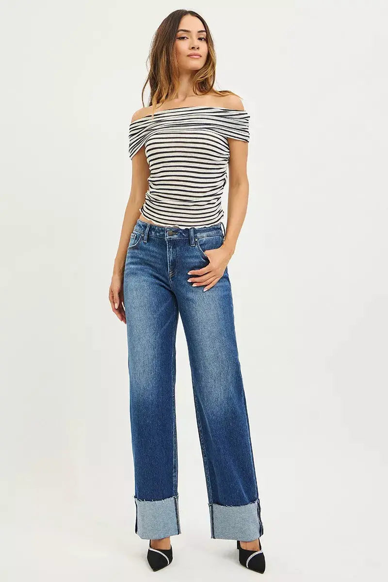 RISEN Mid Rise Wide Straight Jeans With Wide Cuff  Style Ratio