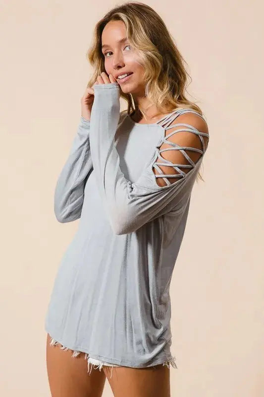 BiBi Jersey Knit One Shoulder with Criss Cross Long Sleeve Shirt  Style Ratio