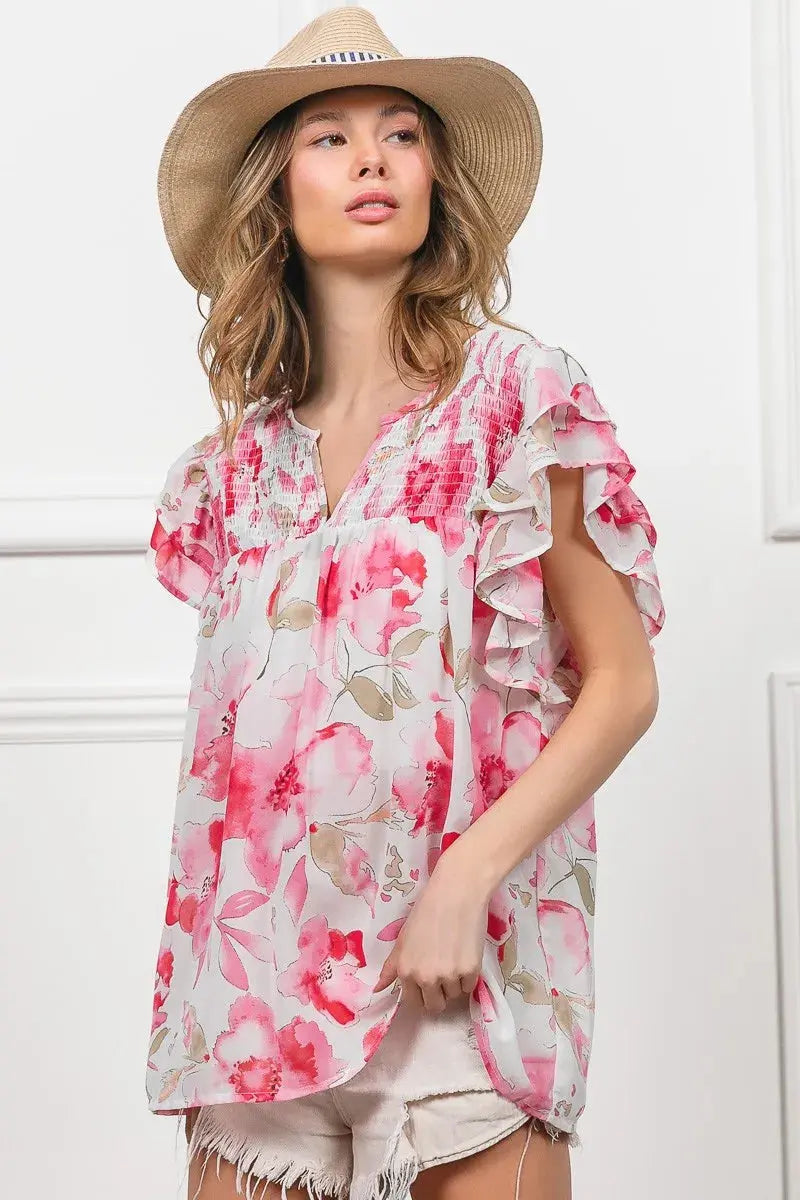BiBi Floral Print Flutter Sheer Blouse  Style Ratio
