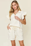 Double Take Texture Flounce Sleeve Top and Drawstring Shorts Set  Style Ratio