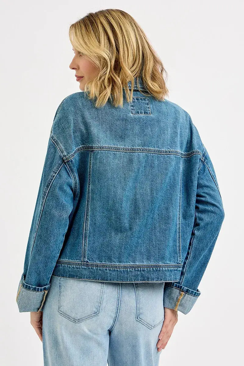 RISEN Oversized Cargo Pocket Denim Jacket with Cuffed Sleeves  Style Ratio