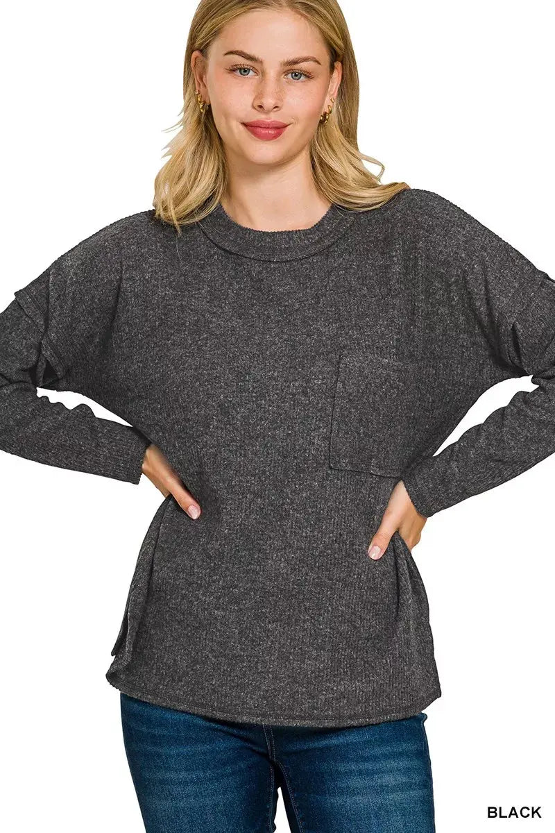 Zenana Ribbed Brushed Melange Hacci Sweatshirt  Style Ratio