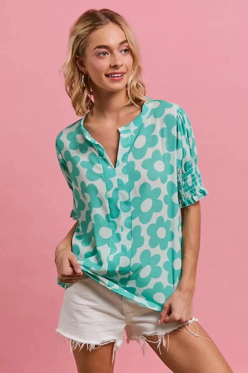 BiBi Flower Printed Woven Smocking Sleeves V Neck Blouse  Style Ratio