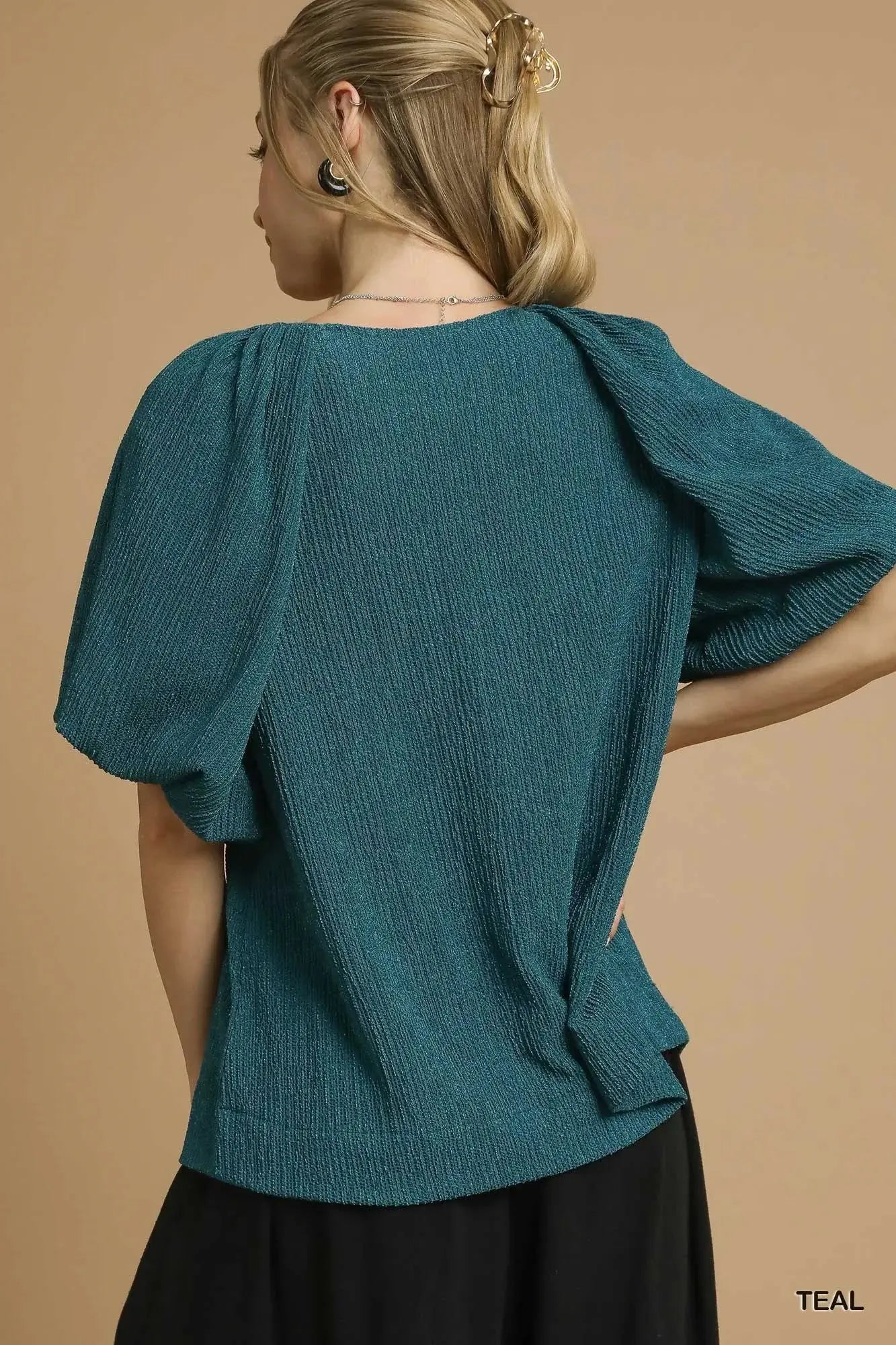 Umgee Textured Flutter Sleeve Notch Neck Blouse  Style Ratio