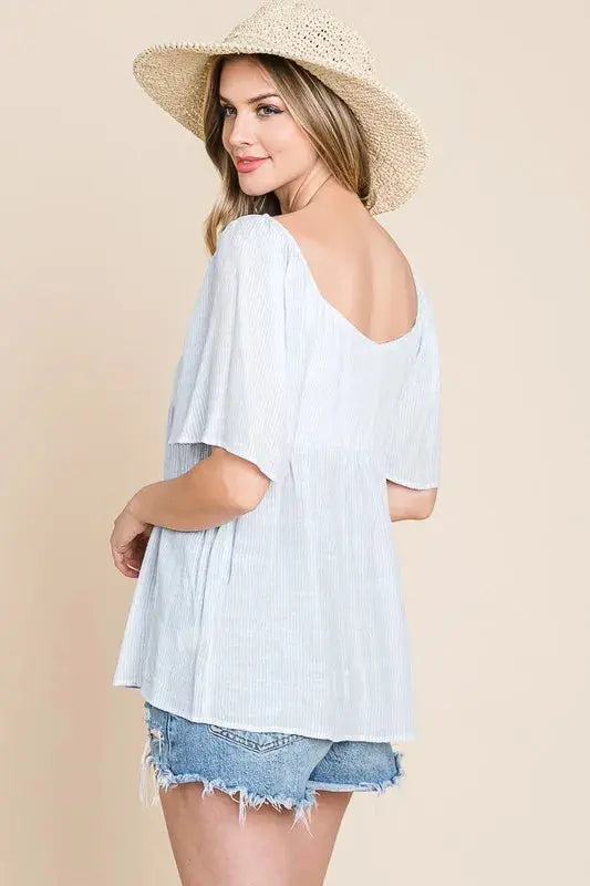 Lime N Chili Thin Striped with Tie Front Babydoll Blouse  Style Ratio