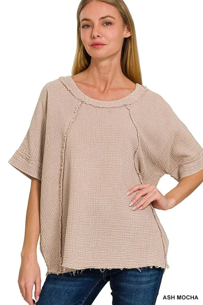 Zenana Washed Double Gauze Exposed Seam Short Sleeve Sweatshirt  Style Ratio