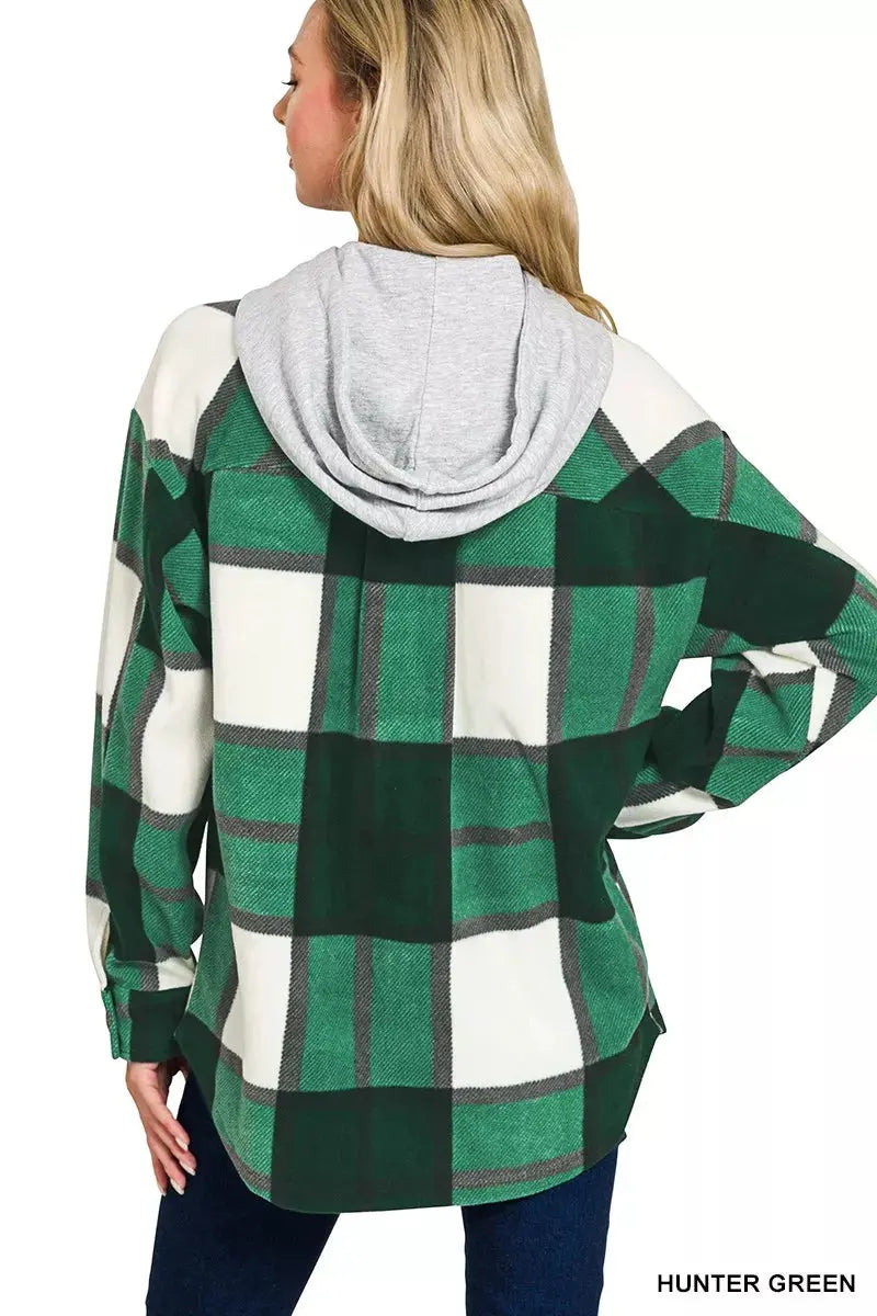 Zenana Plaid Drawstring Hooded Fleece Shacket  Style Ratio