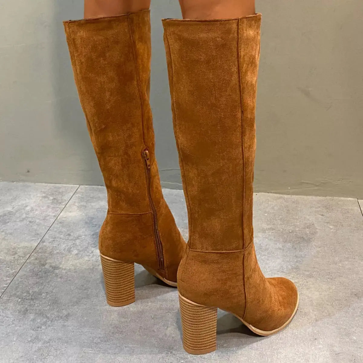 Point Toe Knee-High Suede Block Heel Boots  Style Ratio
