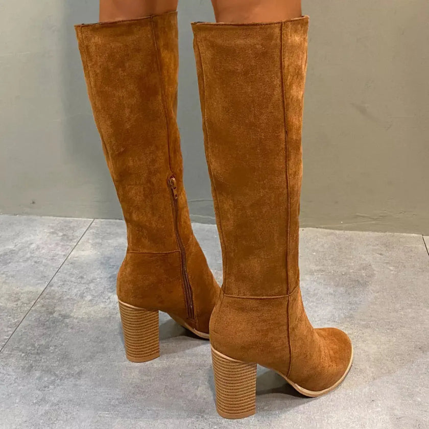 Point Toe Knee-High Suede Block Heel Boots  Style Ratio