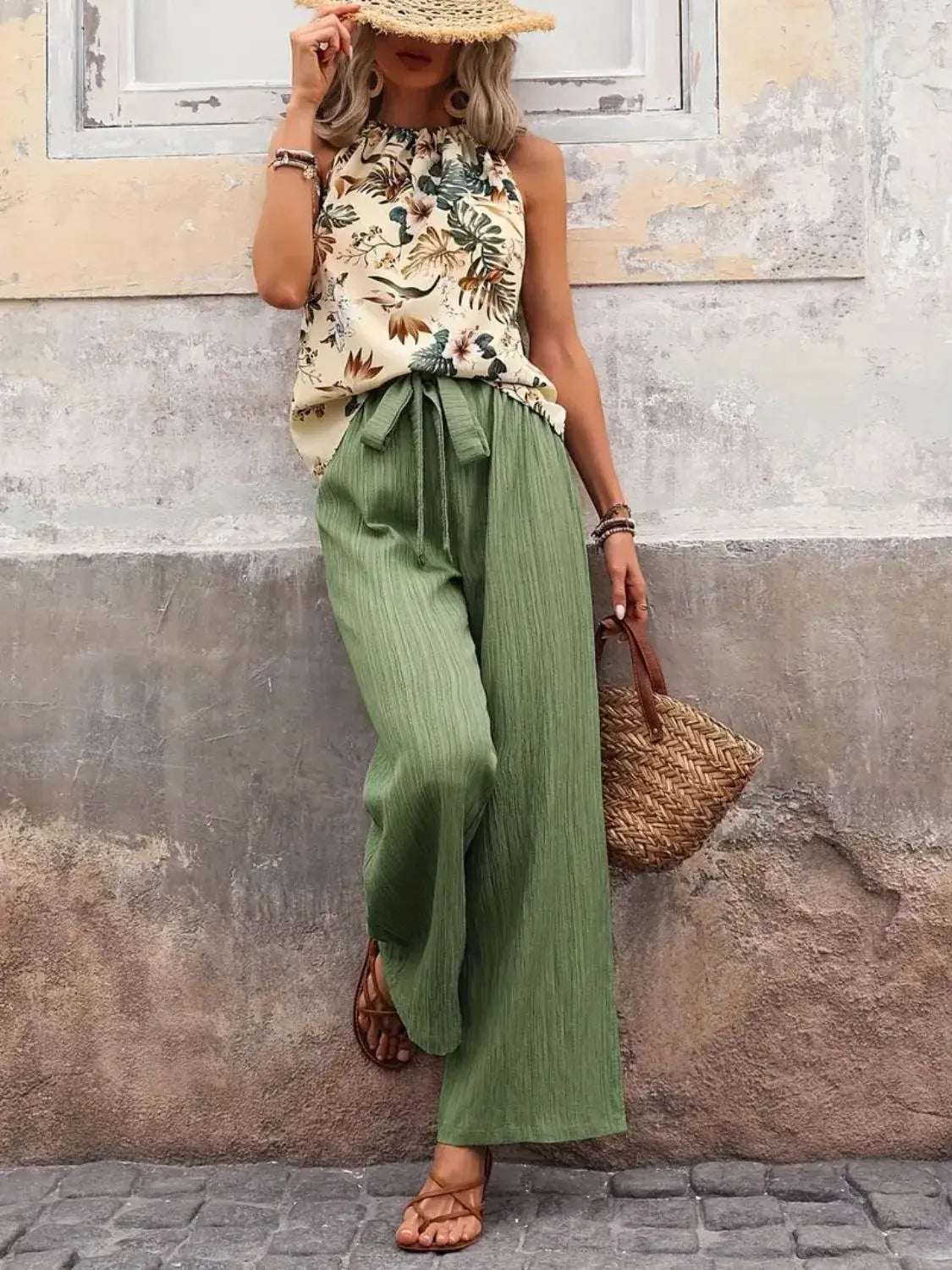 Printed Tank Top and Wide Leg Pants Set  Style Ratio
