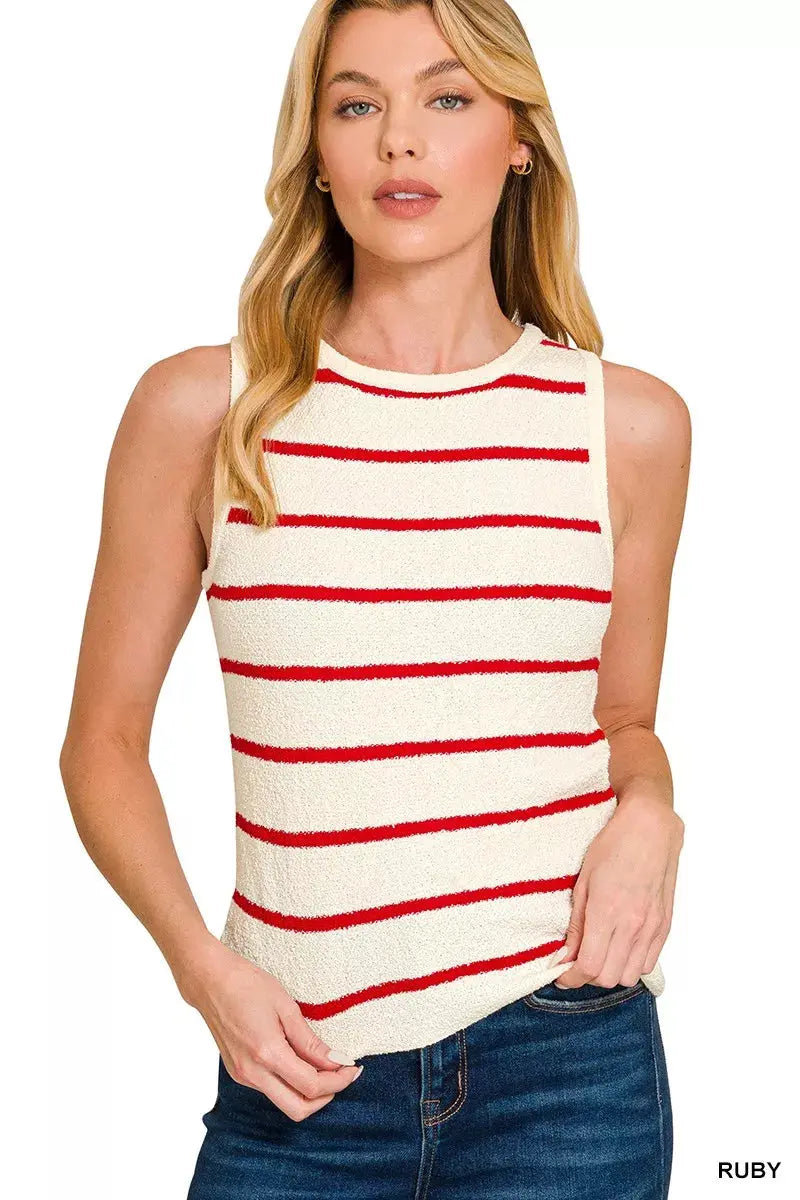 Zenana Round Neck Stripe Knit Tank Top  Style Ratio