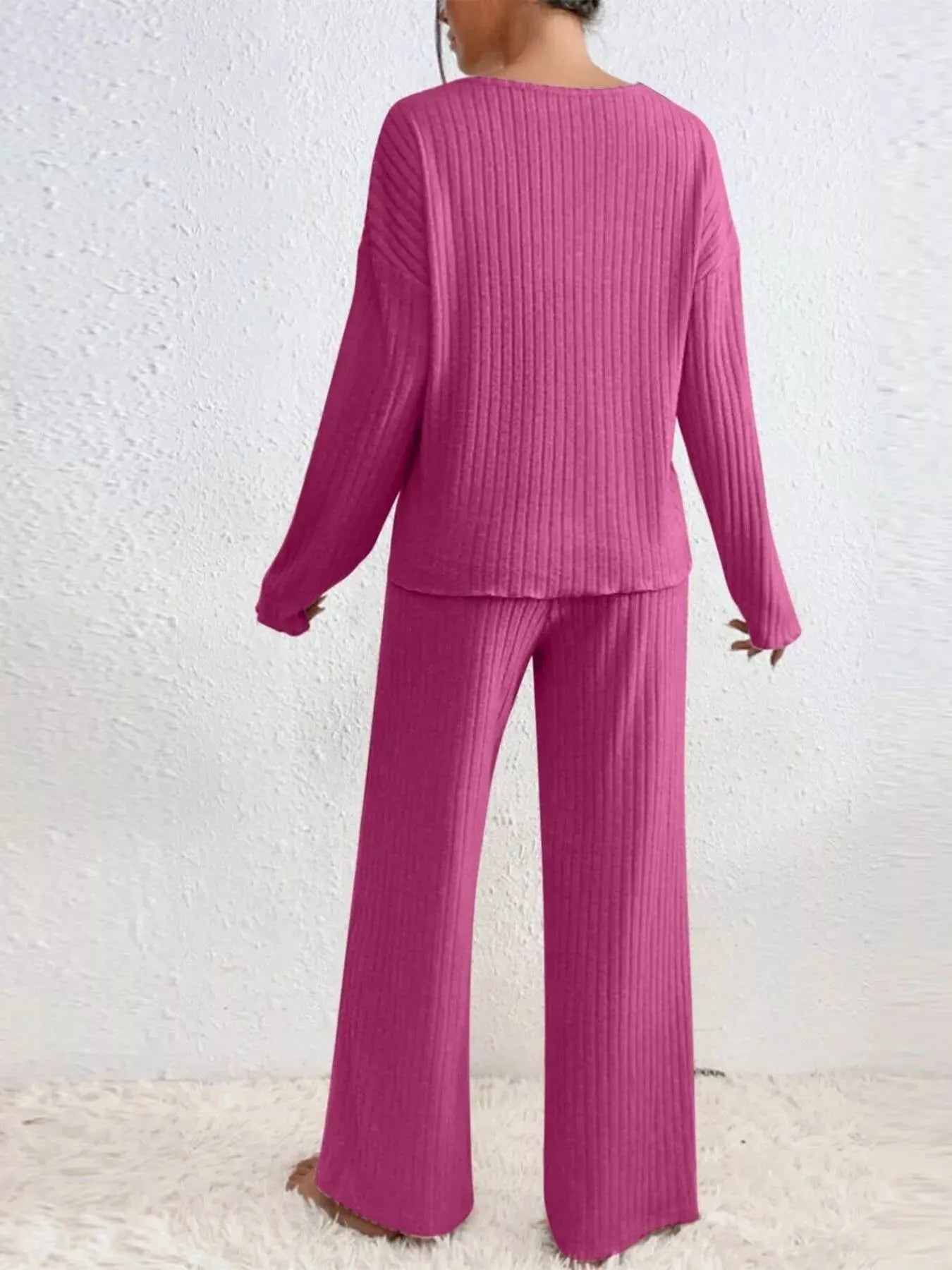 Ribbed V-Neck Top and Pants Loungewear  Style Ratio