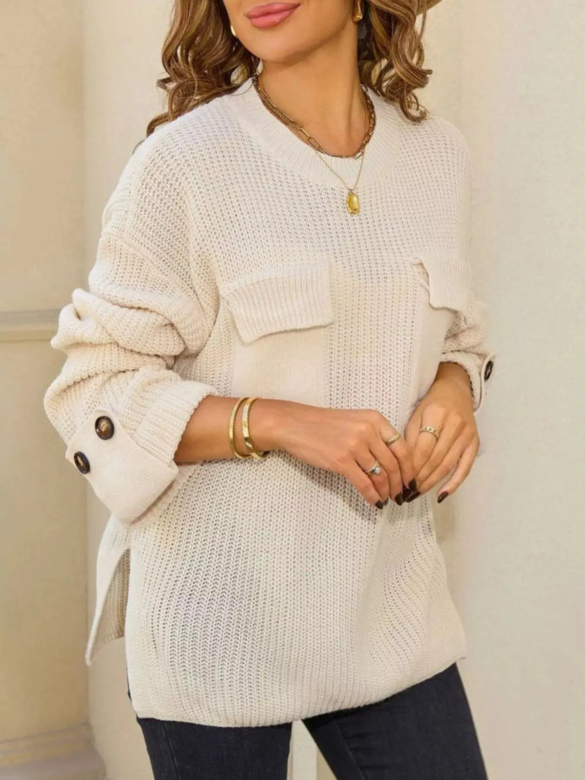 Pocket Detail Round Neck Sweater  Style Ratio