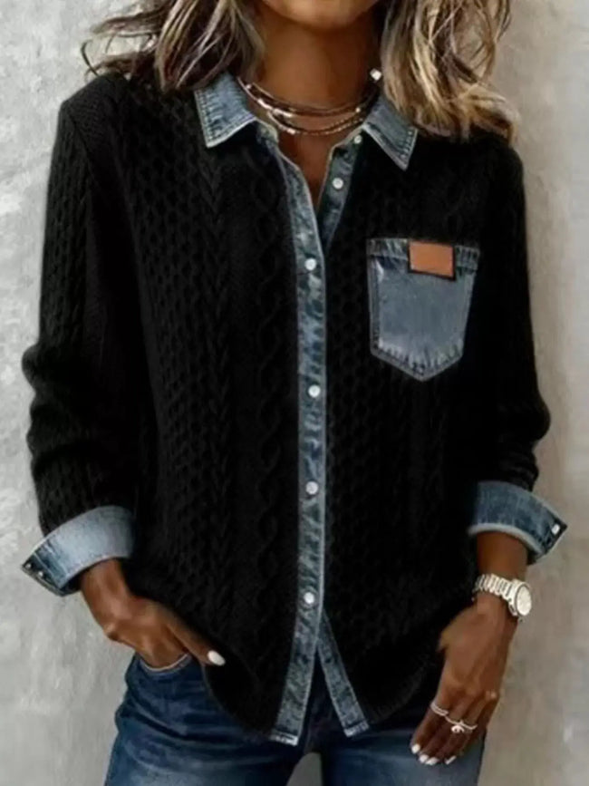 Denim Trim Cable Knit Top  Style Ratio
