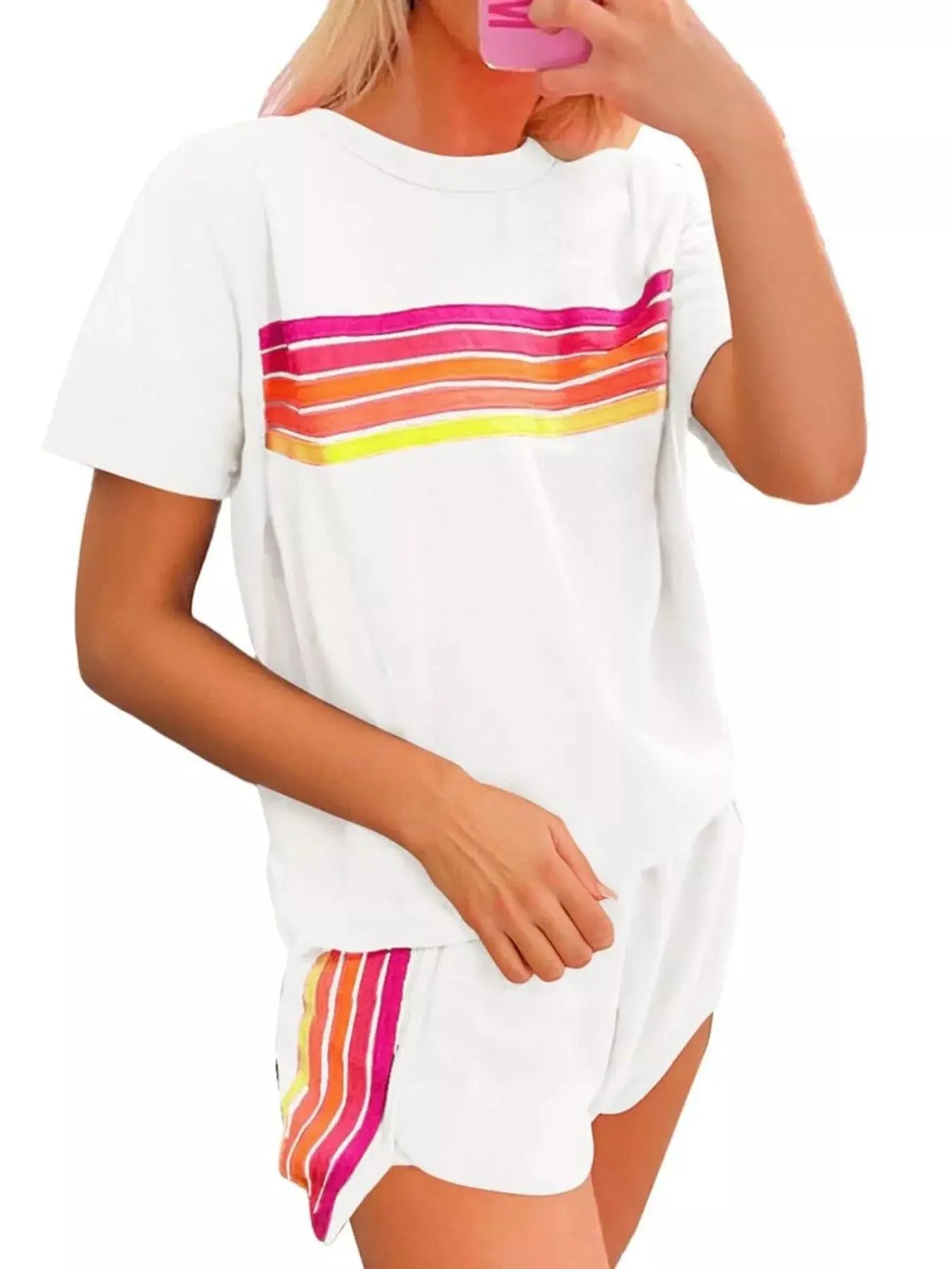 Rainbow Striped Round Neck Top and Shorts Set  Style Ratio