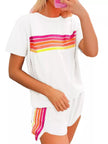 Rainbow Striped Round Neck Top and Shorts Set  Style Ratio