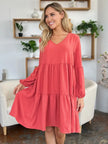 Double Take Full Size V-Neck Balloon Sleeve Tiered Dress with Pockets  Style Ratio