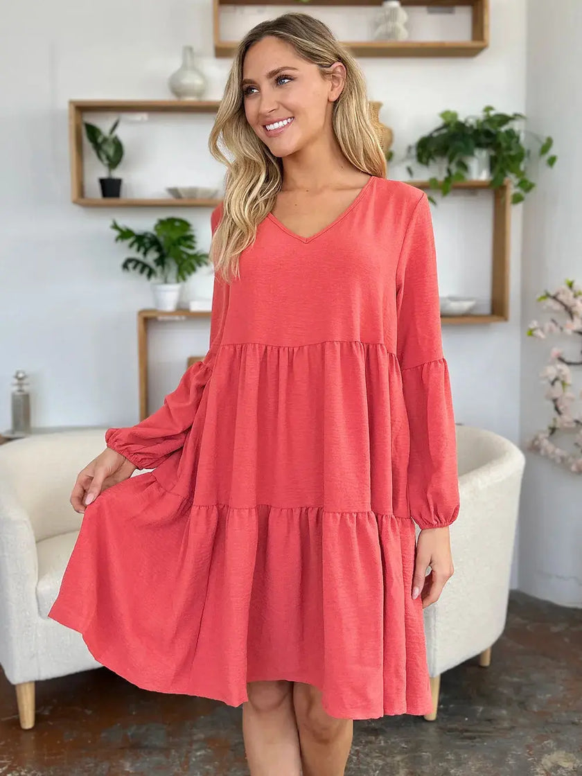Double Take Full Size V-Neck Balloon Sleeve Tiered Dress with Pockets  Style Ratio