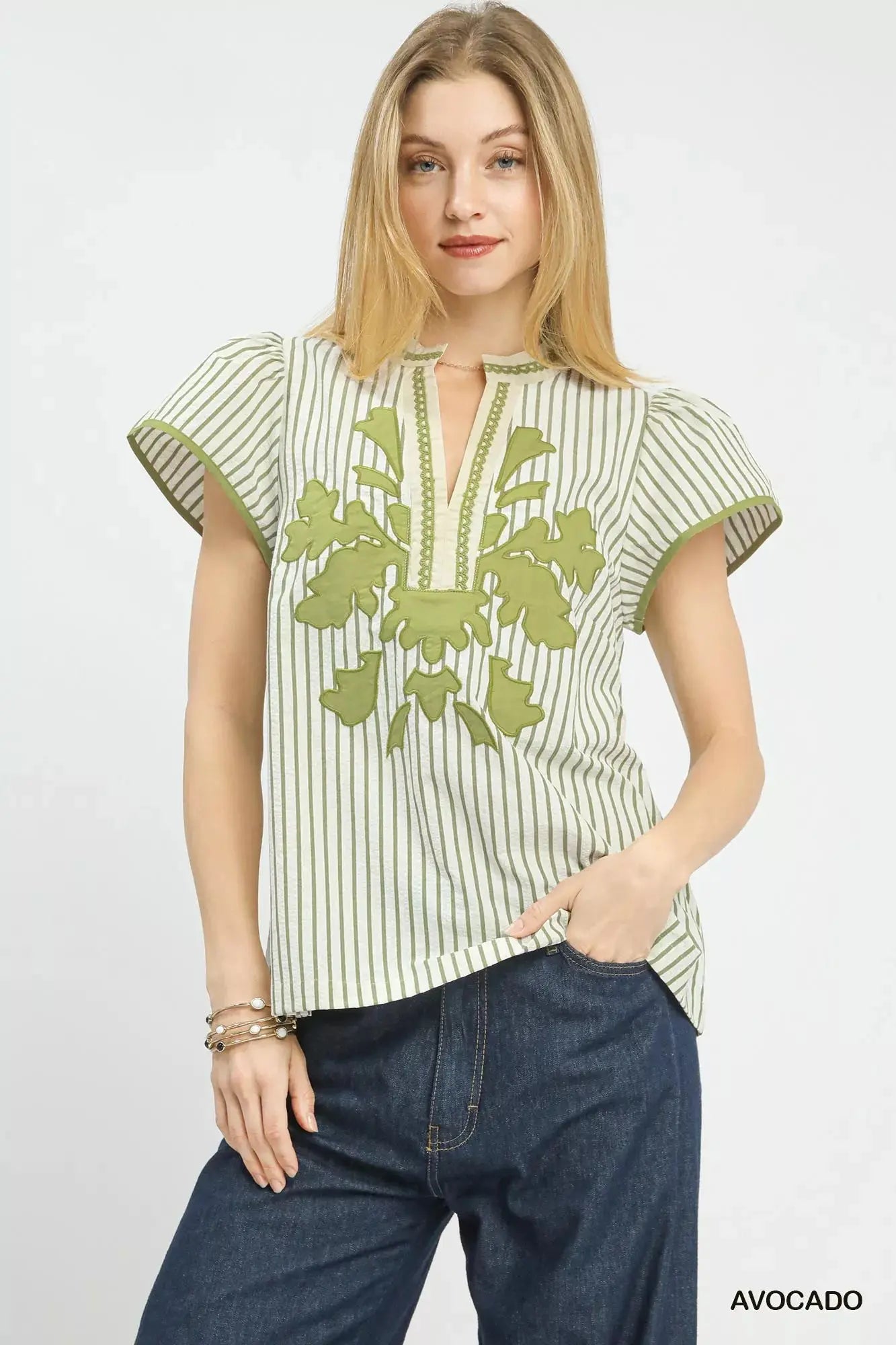 Umgee V-Neck Stripe Top with Lace Trim  Style Ratio