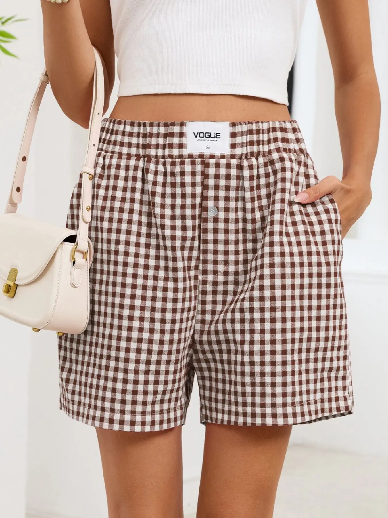 Gingham Elastic Waist Casual Shorts  Style Ratio