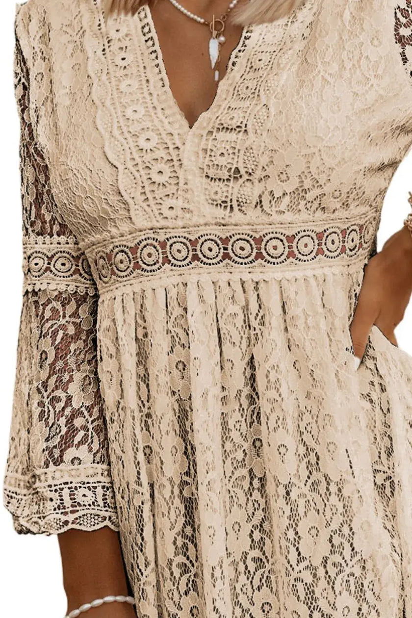 Lace V-Neck Three-Quarter Sleeve Dress  Style Ratio
