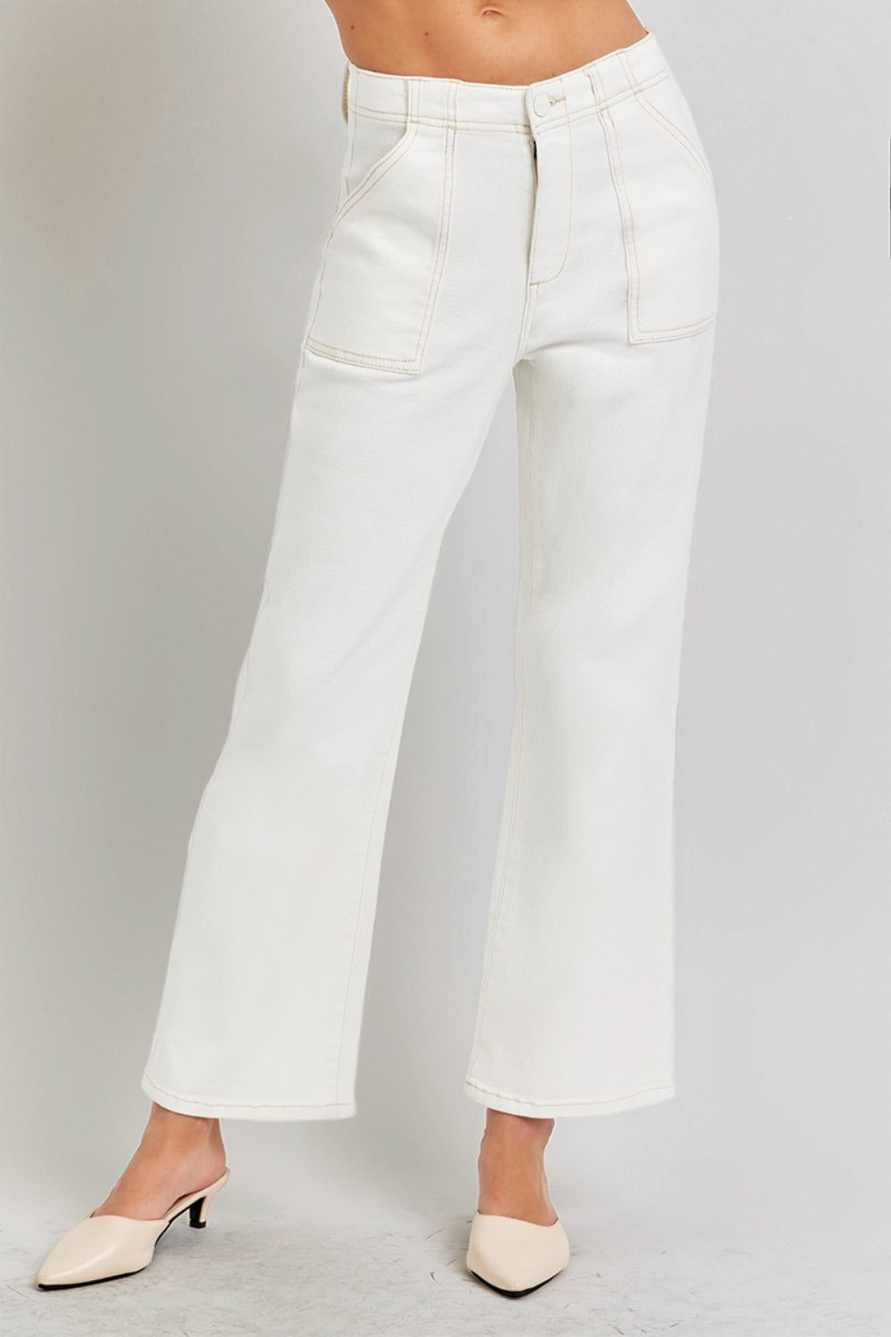 High Rise Ankle Flare Jeans with Patch Pockets