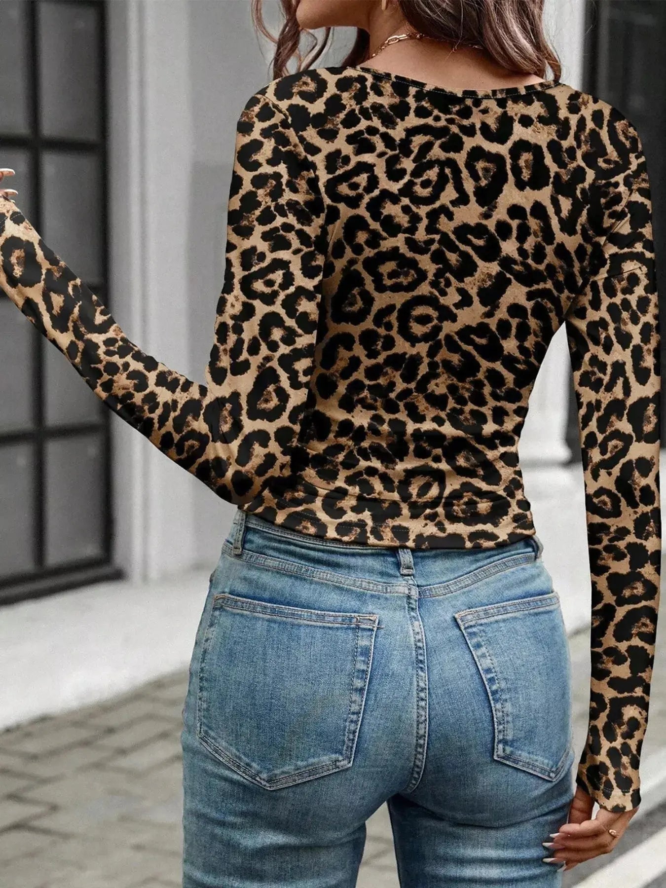 Leopard Print Square Neck Long Sleeve Top  Style Ratio