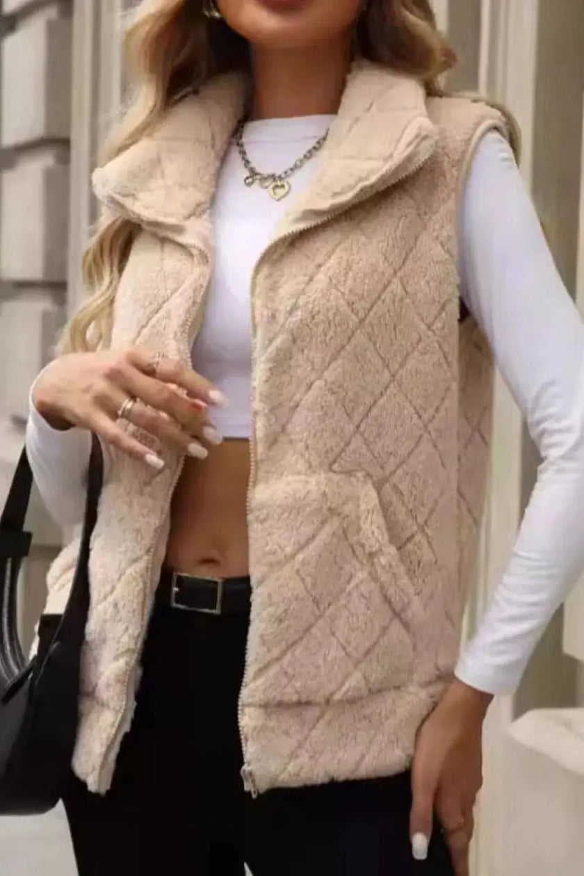 Fuzzy Plaid Texture Zip Up Vest Coat  Style Ratio